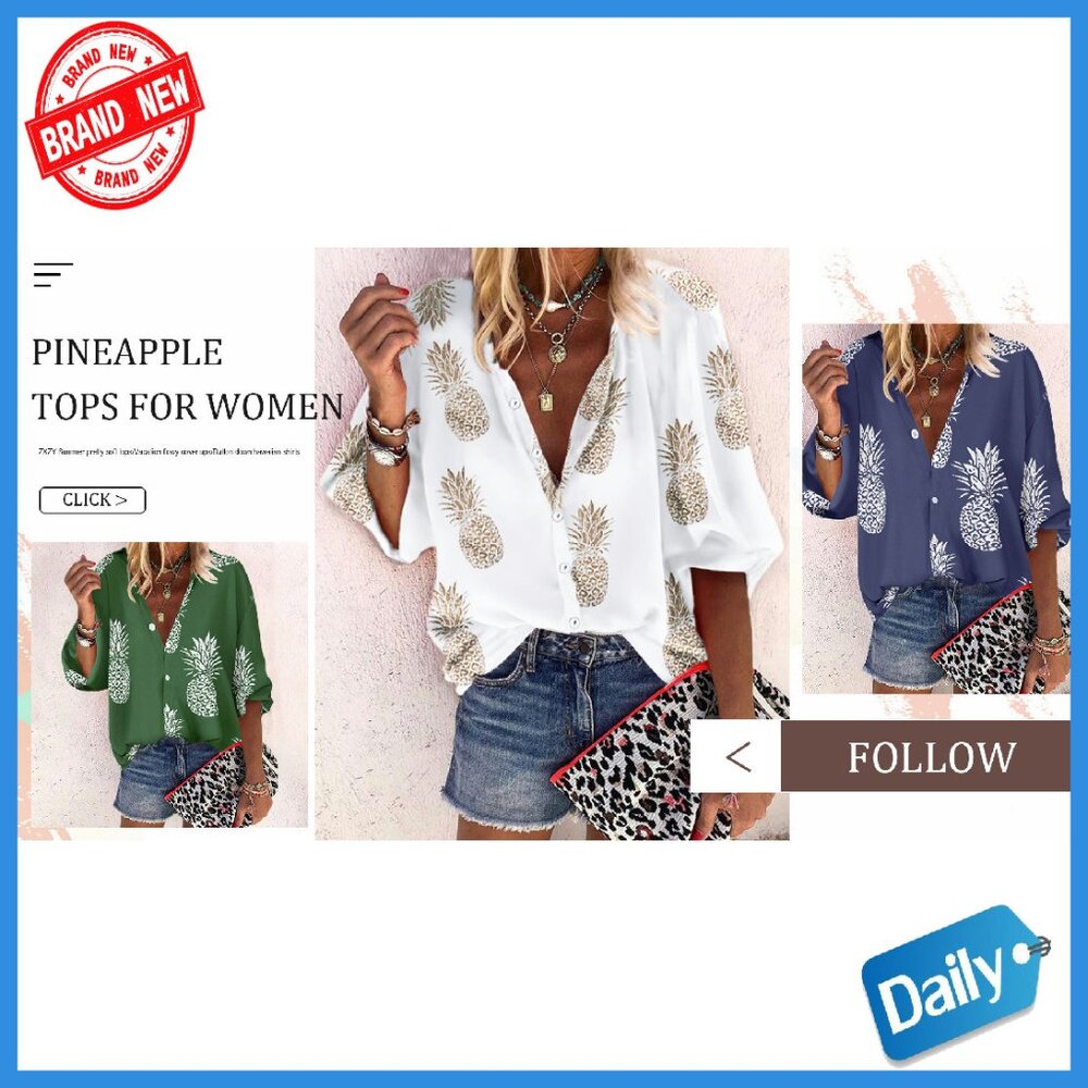 Women's Pineapple Print Lapel Collar Button Down … - image 8